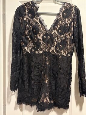 Francesca's Collections Black Lace V-Neck Romper with Nude Lining